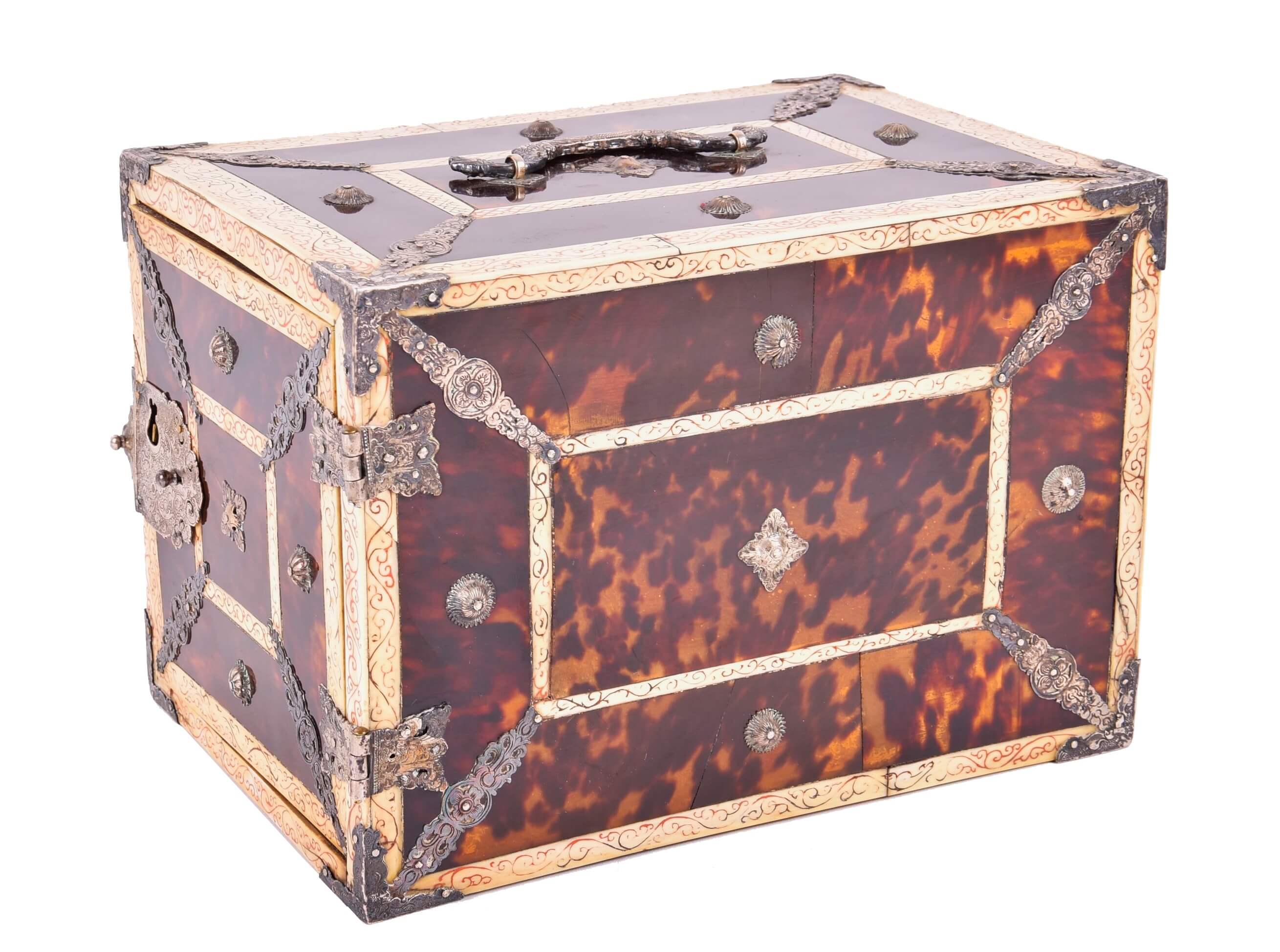 A late 19th century Anglo-Indian ivory and tortoiseshell veneered travelling box